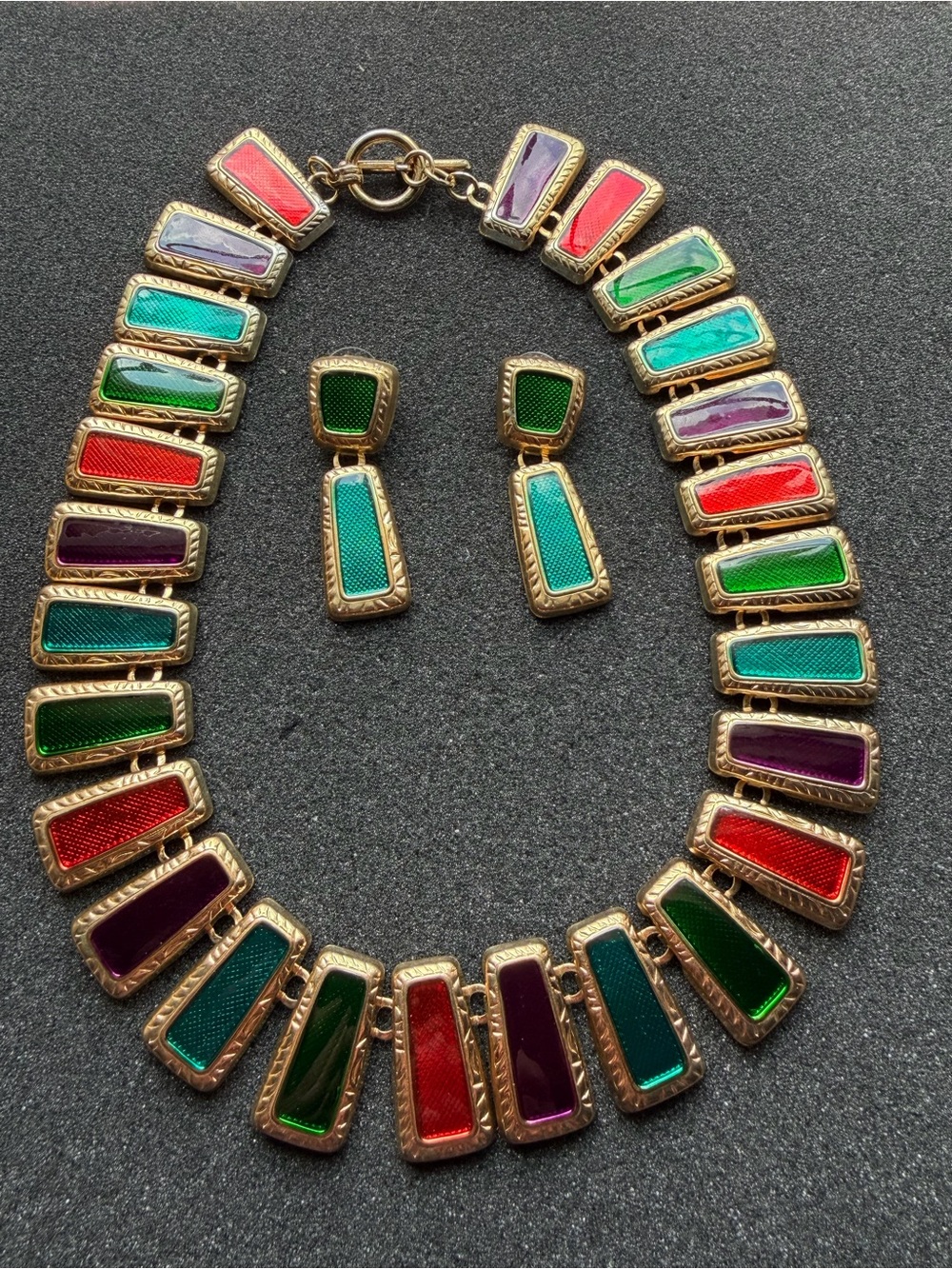 Vintage Gold-Tone Multicolor Enamel Link Necklace And Earrings Set - Picture 7 of 9